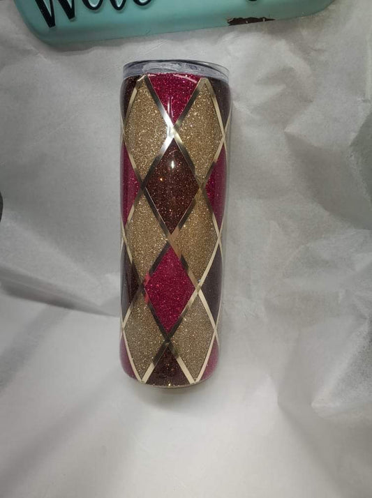 Glitter Raspberry, Brown + Gold Argyle 20 oz. Skinny Tumbler