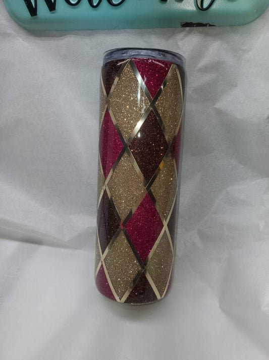 Glitter Raspberry, Brown + Gold Argyle 20 oz. Skinny Tumbler