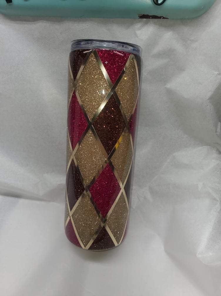 Glitter Raspberry, Brown + Gold Argyle 20 oz. Skinny Tumbler